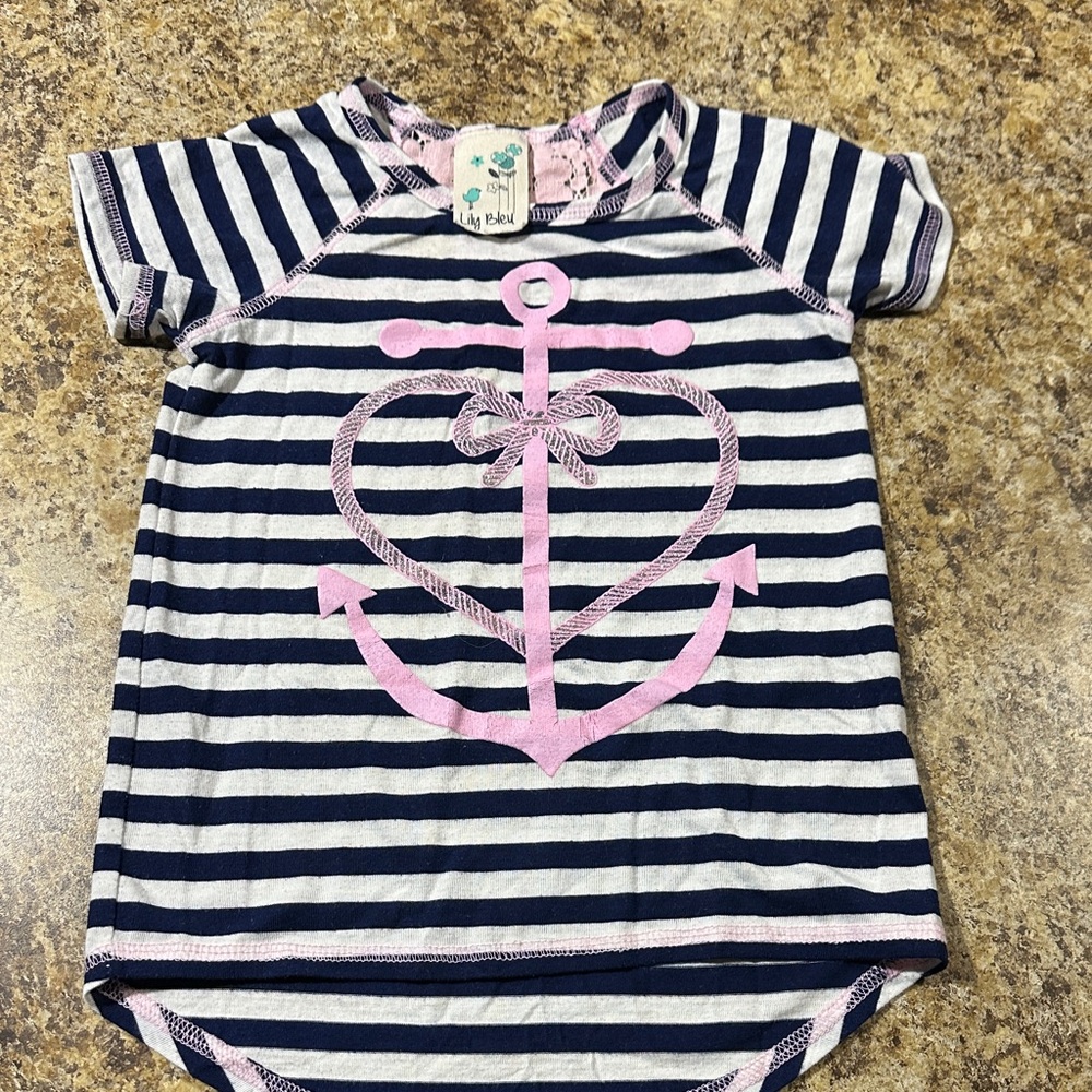 Lily Bleu Navy and White Striped Tee with Pink Accents